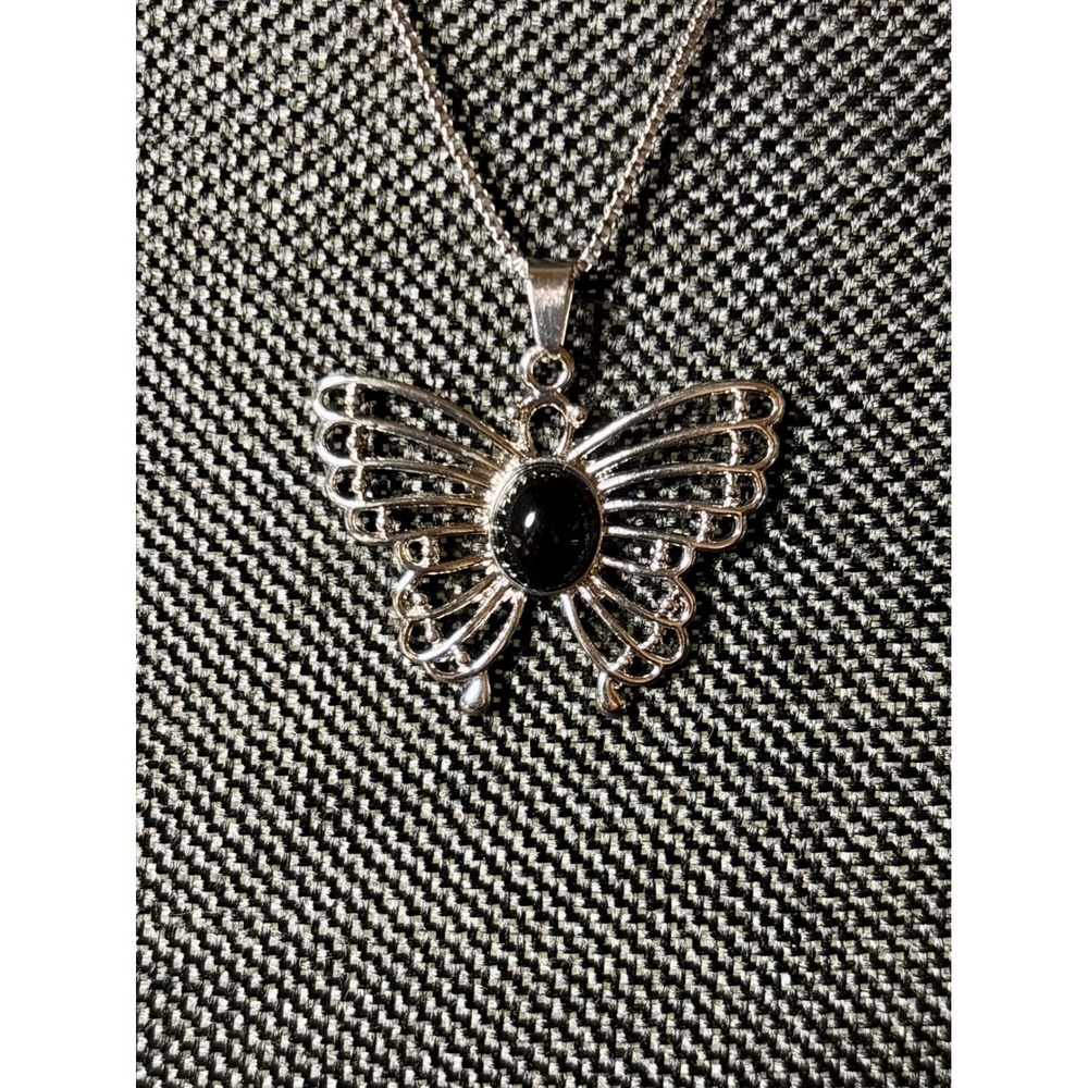 Stainless Steel Butterfly Pendant Necklace Black Stone Silver Tone Box Chain